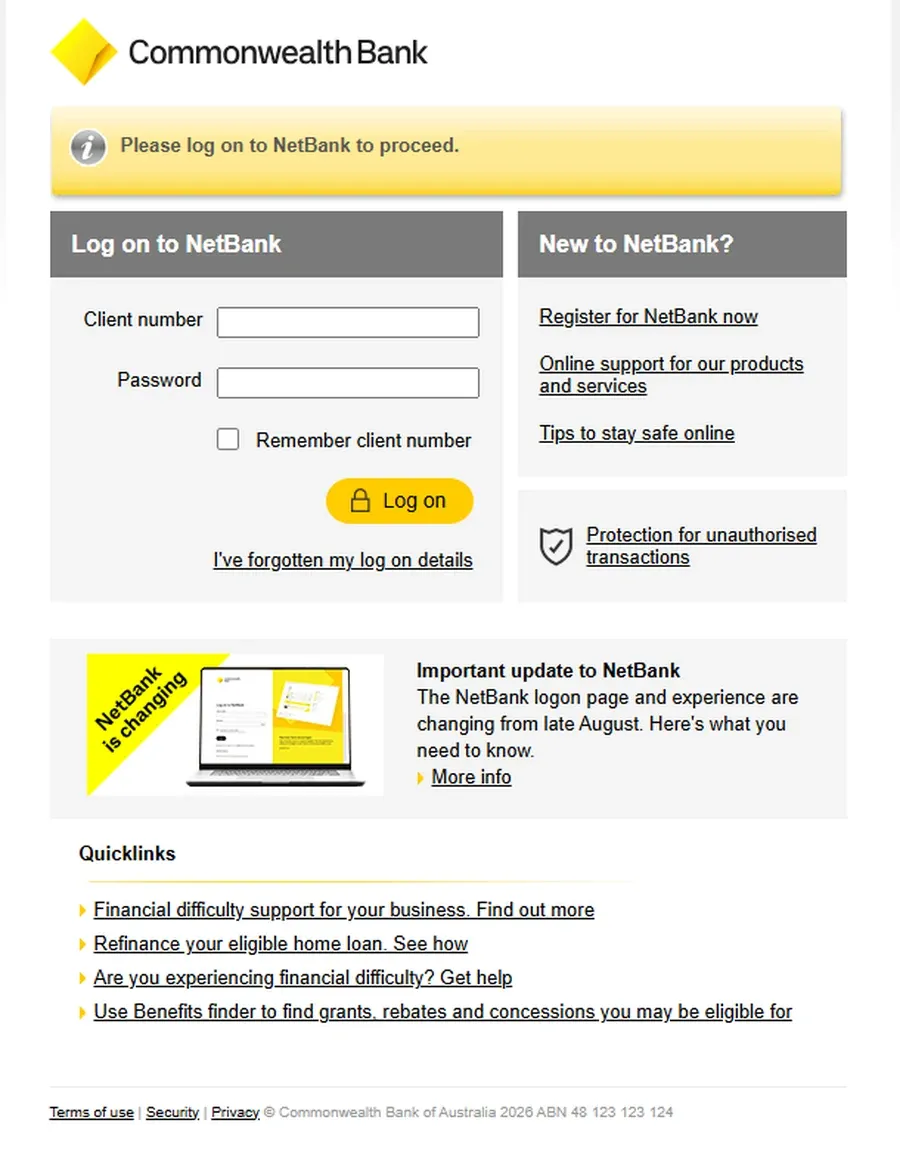 The 2013 NetBank logon page: fields for client number and password, a Log on button, and beneath them a link reading 'I've forgotten my log on details'.