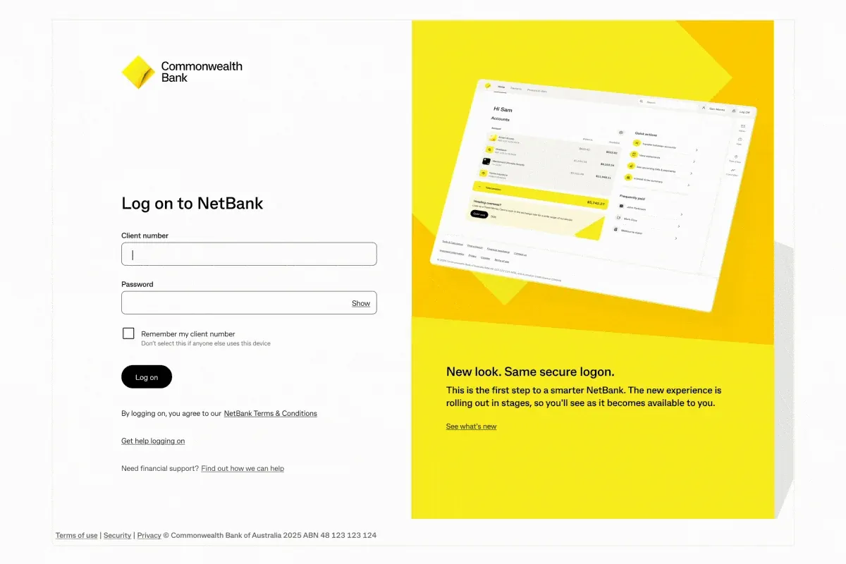 The 2026 NetBank logon page: fields for client number and password, a trusted browser option, and in the bottom left a 'Get help logging on' link.