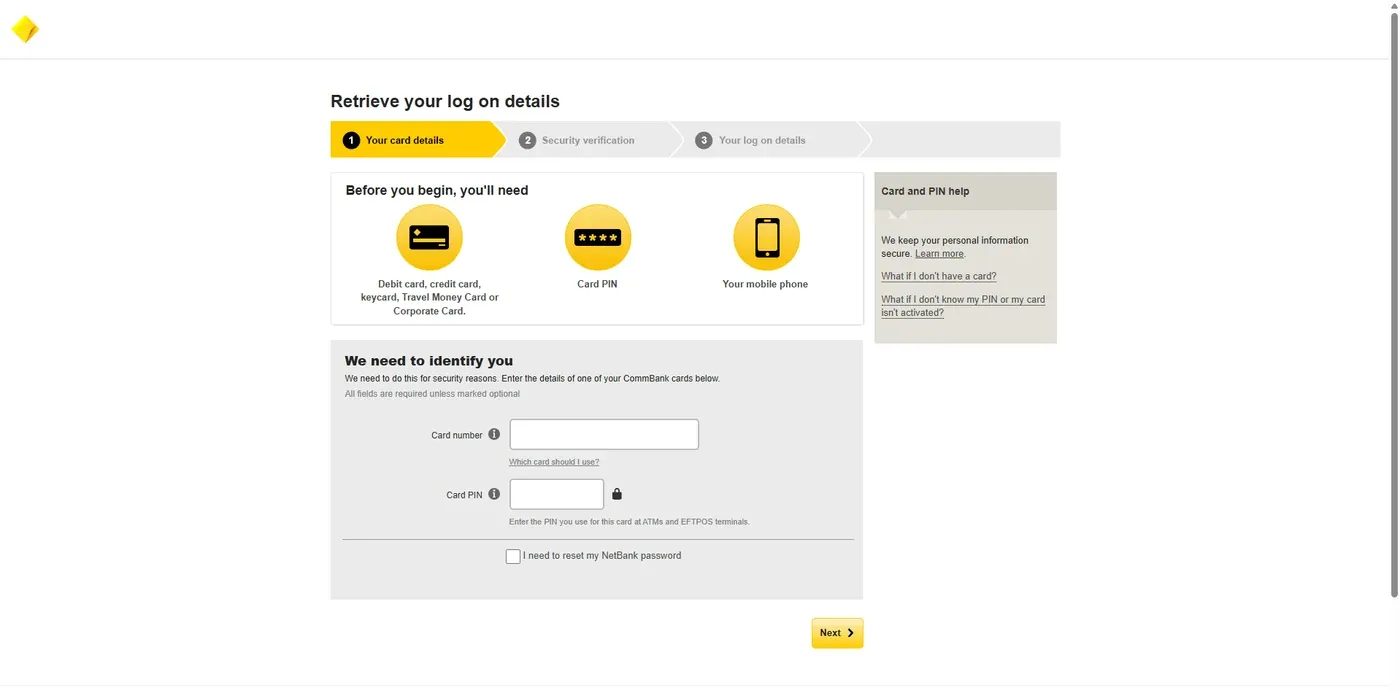 The 2013 'Retrieve your log on details' screen: a three-step indicator reading Your card details, Security verification, Your log on details; a 'Before you begin, you'll need' panel showing a card, a card PIN and a mobile phone; a 'We need to identify you' form asking for card number and card PIN with a 'Which card should I use?' link; a 'Card and PIN help' sidebar answering what if I don't have a card and what if I don't know my PIN; and a checkbox reading 'I need to reset my NetBank password'.